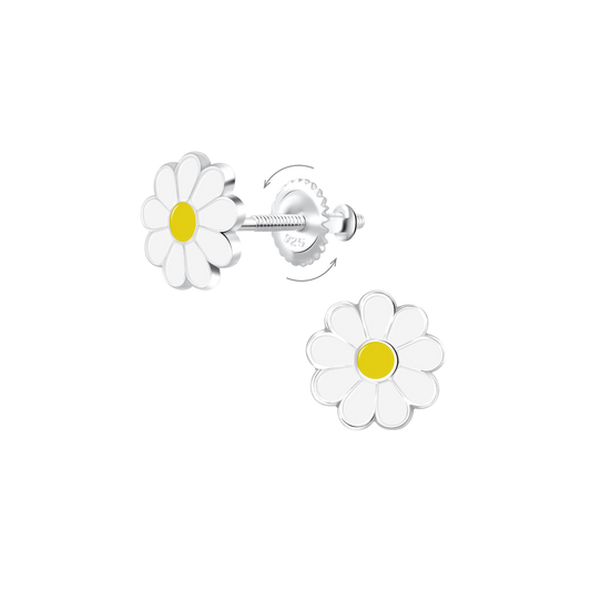 Sterling Silver White Daisy Flower Kids Earrings