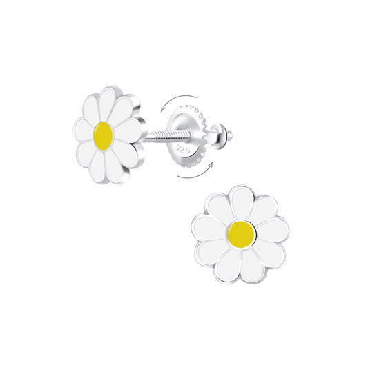 Yellow White Daisy Screw Back Earrings
