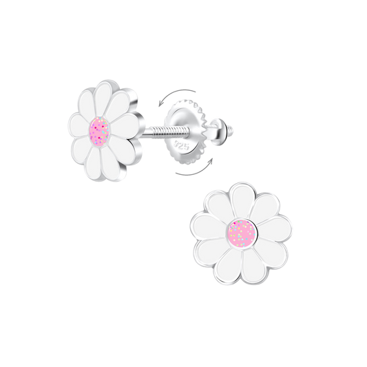 Pink and White Daisy Screw Back Earrings